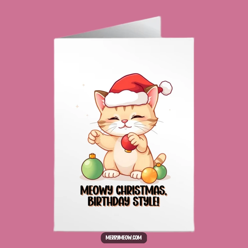 Free Printable Festive Cat Birthday Card: Holiday Mischief Downloadable Funny Gift