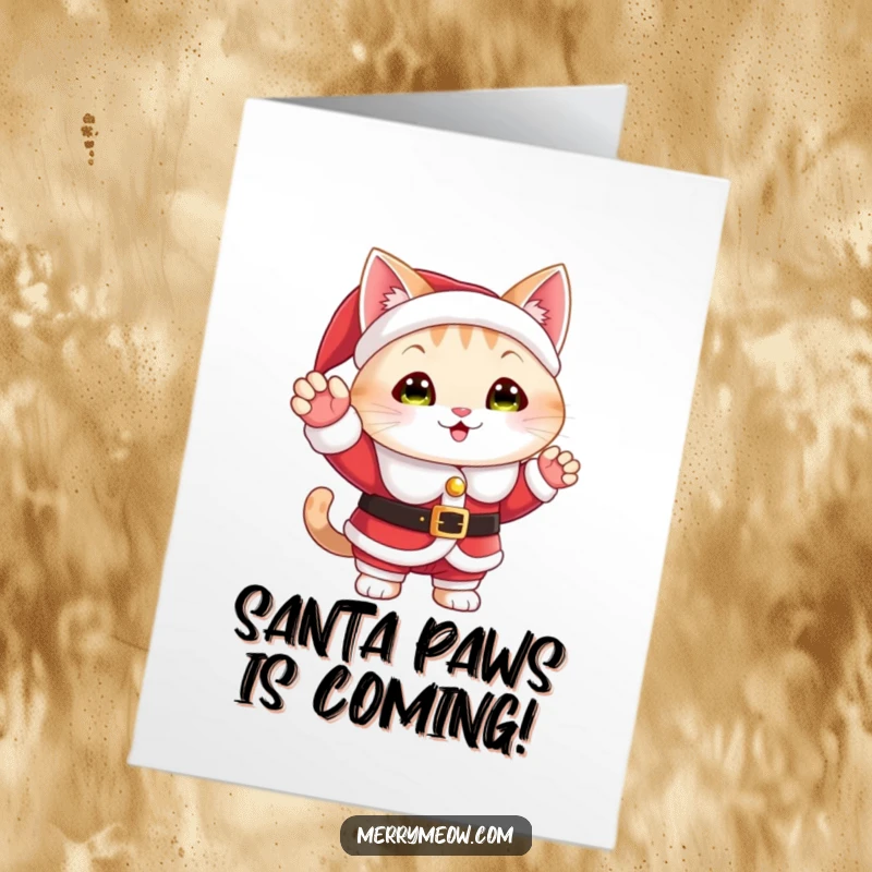 Funny Free Printable Birthday Card featuring a cute cat in a Santa suit waving hello with holiday cheer.
