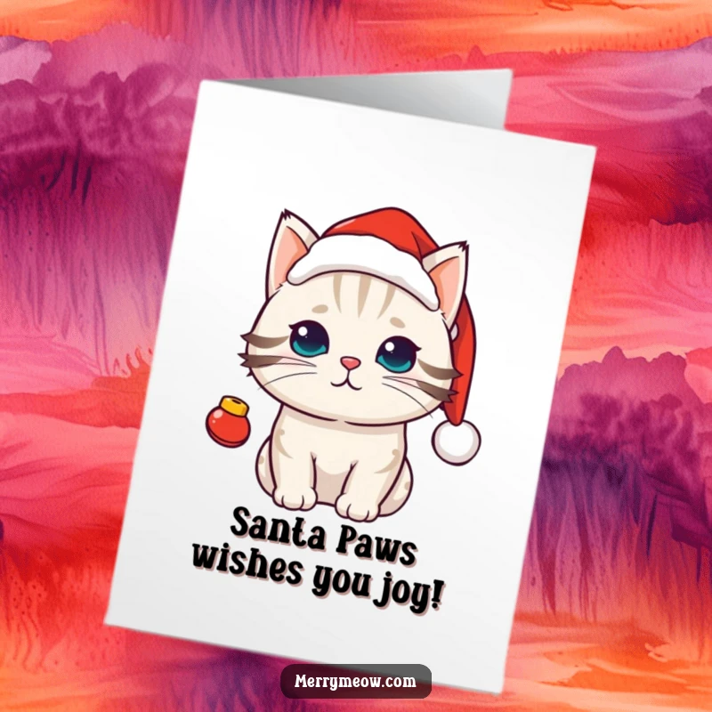 Funny Free Printable Kawaii Cat Birthday Card, a cute cat in a Santa hat with jingle bells, ready to party.