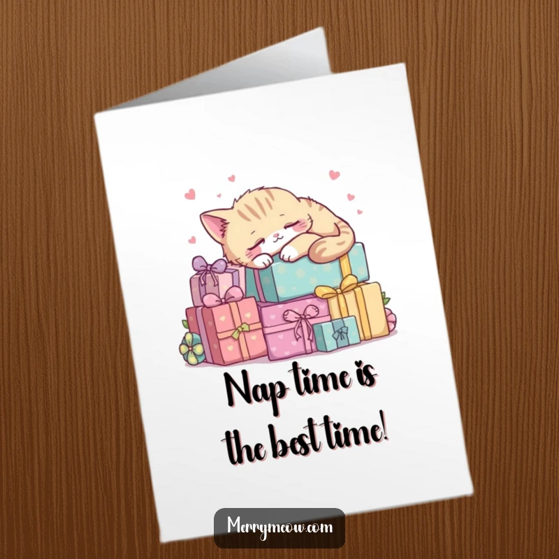 Funny Free Printable Kawaii Cat Birthday Card, a peaceful cat snoozing on a heap of colorful presents.