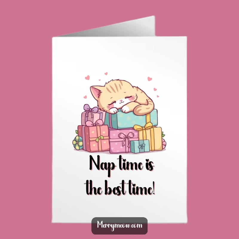Free Printable Kawaii Cat Birthday Card: Sleepy Cat on Presents Funny Gift