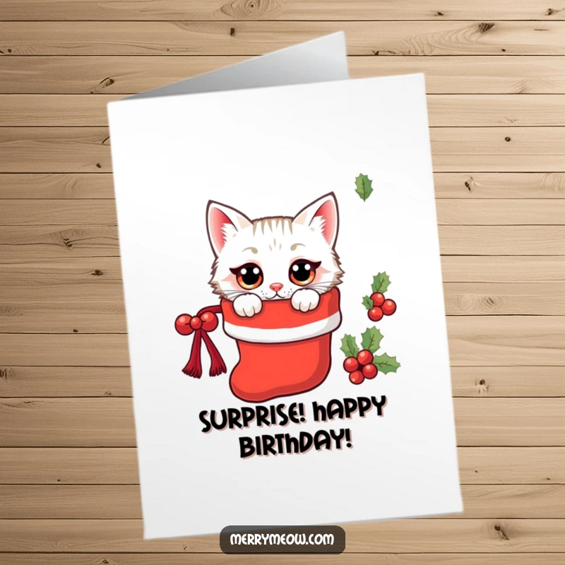 Funny Free Printable Kawaii Cat Birthday Card, a cute cat peeking out of a Christmas stocking with big, surprised eyes.