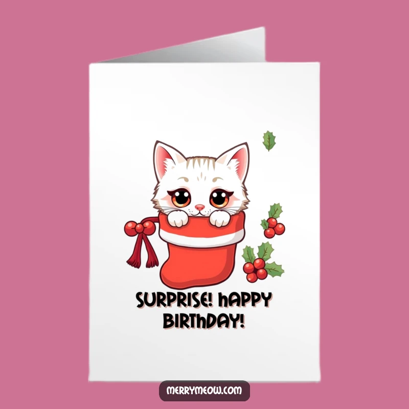 Free Printable Kawaii Cat Birthday Card: Stocking Surprise Funny Downloadable Gift
