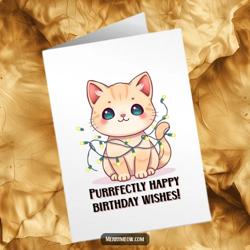 Funny Free Printable Birthday Card: A cute kawaii cat playfully tangled in fairy lights, wishing a bright birthday.