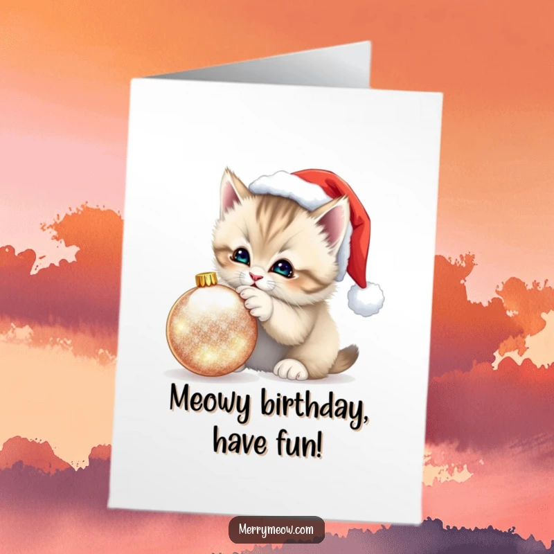 Free printable birthday card: A fluffy kitten in a Santa hat playfully bats at a shimmering ornament, spreading holiday birthday joy.