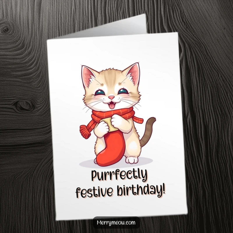 Funny Free Printable Birthday Card: A cute kitten in a festive scarf joyfully wrestles with a rolled-up Christmas stocking.