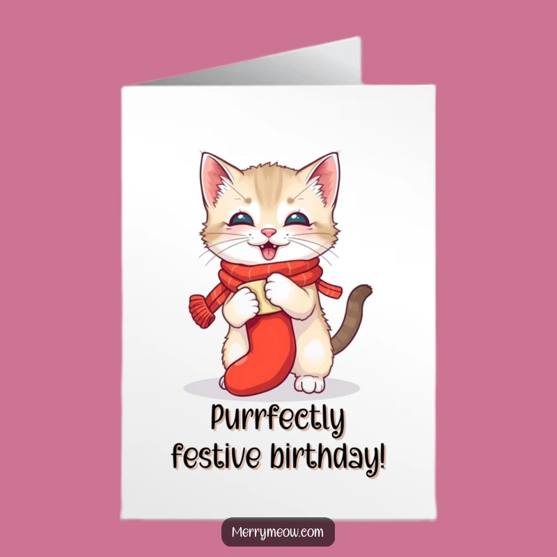 Free Printable Kitten Birthday Card: Stocking Toss Funny Downloadable Gift