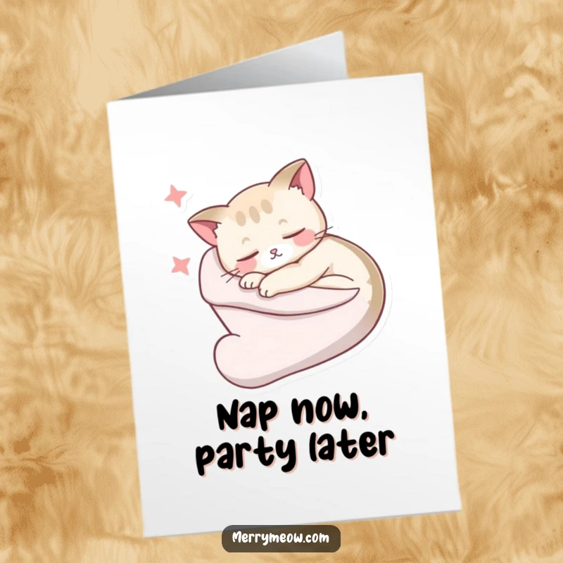 Funny Free Printable Birthday Card: Sleepy cat curled in stocking, dreaming sweet dreams, ideal for a cozy, humorous wish.