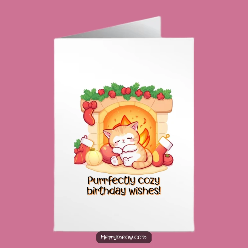 Free Printable Sleepy Cat Birthday Card: Cozy Fireplace, Funny Downloadable