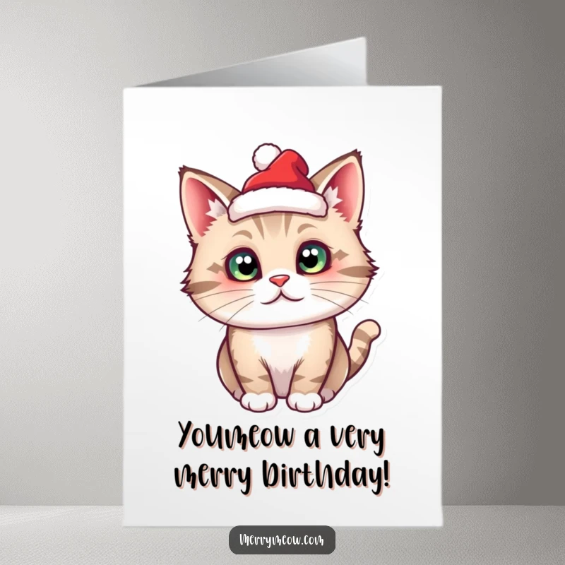 Funny Free Printable Birthday Card: A cute cat character sports a tiny, festive Santa hat with a smile.