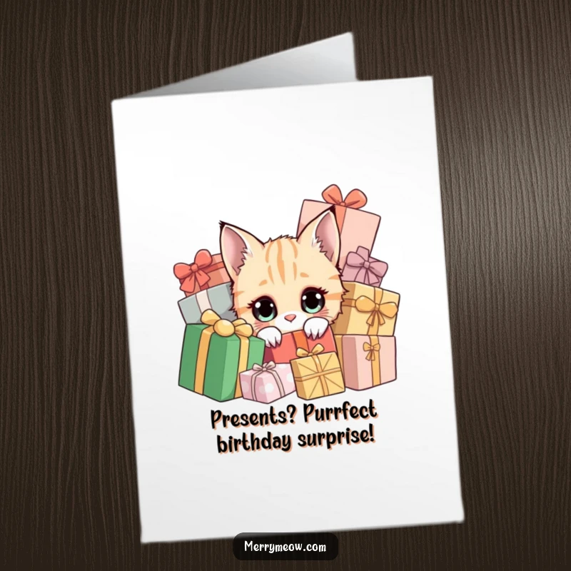 Funny Free Printable Birthday Card: A curious cat with wide eyes peeks out from a pile of birthday presents, looking mischievous.