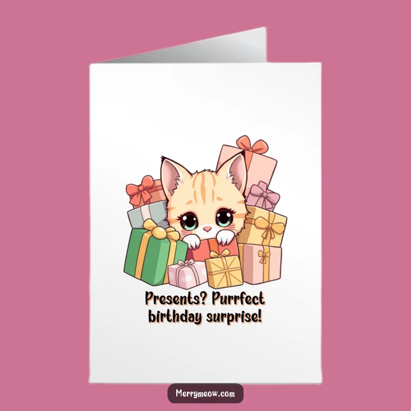 Funny Free Printable Birthday Card: Cat Peeking Presents LOL Downloadable Gift