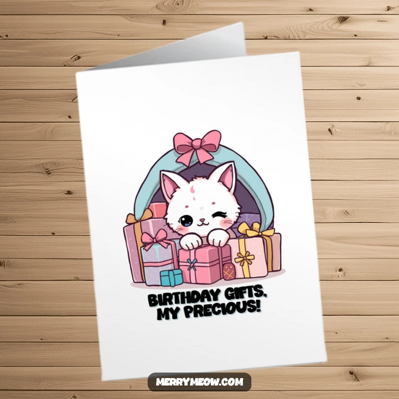 Funny free printable birthday card featuring a mischievous cat peeking out from under a large pile of wrapped birthday presents.