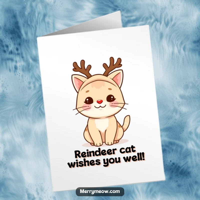Funny free printable birthday card featuring a playful cat dressed as a reindeer with a Rudolph nose, ready for festive wishes.