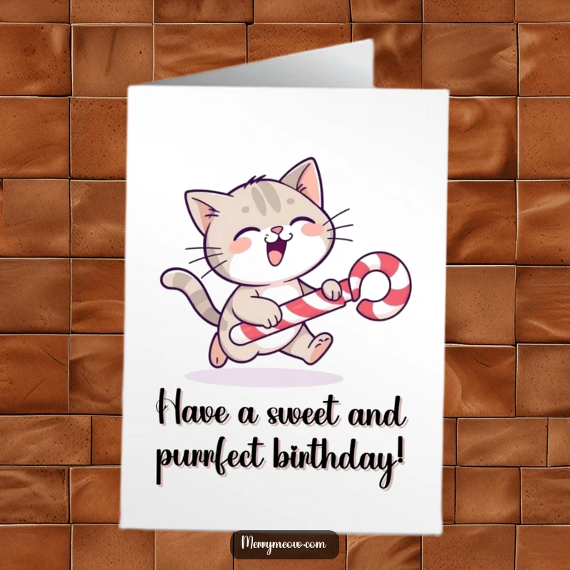 Funny Free Printable Birthday Card: A cat gleefully chasing a rolling candy cane.