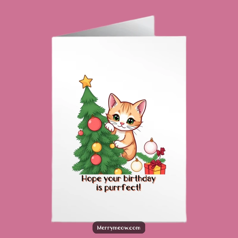 Free Printable Birthday Card: Mischievous Cat Christmas Tree Funny Downloadable Gift