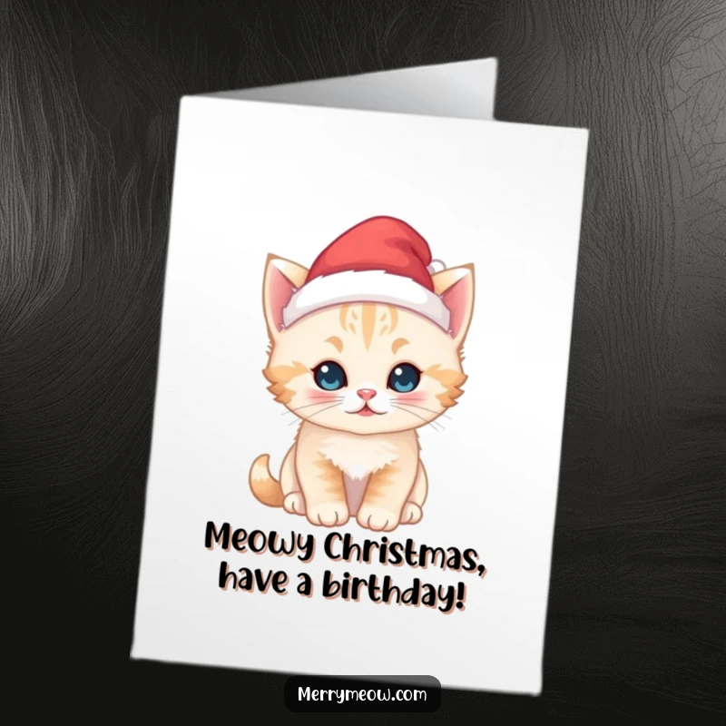 Cute free printable birthday card: a kawaii kitten sporting a tiny, festive Santa hat with holiday spirit.