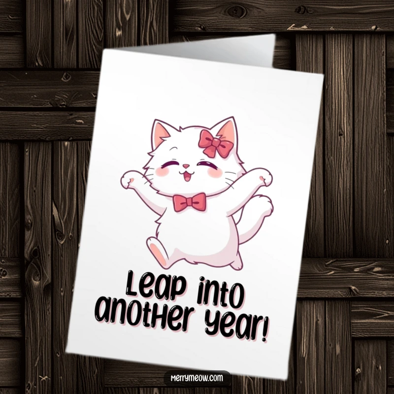 Funny Free Printable Birthday Card: a fluffy white cat in a festive bow performs a graceful leaping mid-air.
