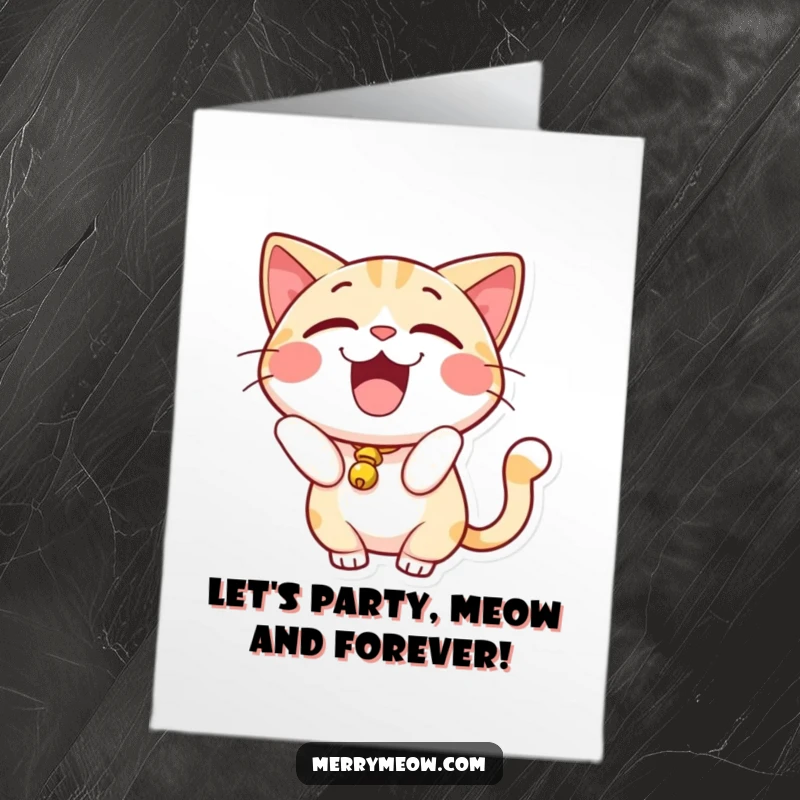 Funny Free Printable Birthday Card: Excited cat with a bell on its tail, ready to party for your birthday.