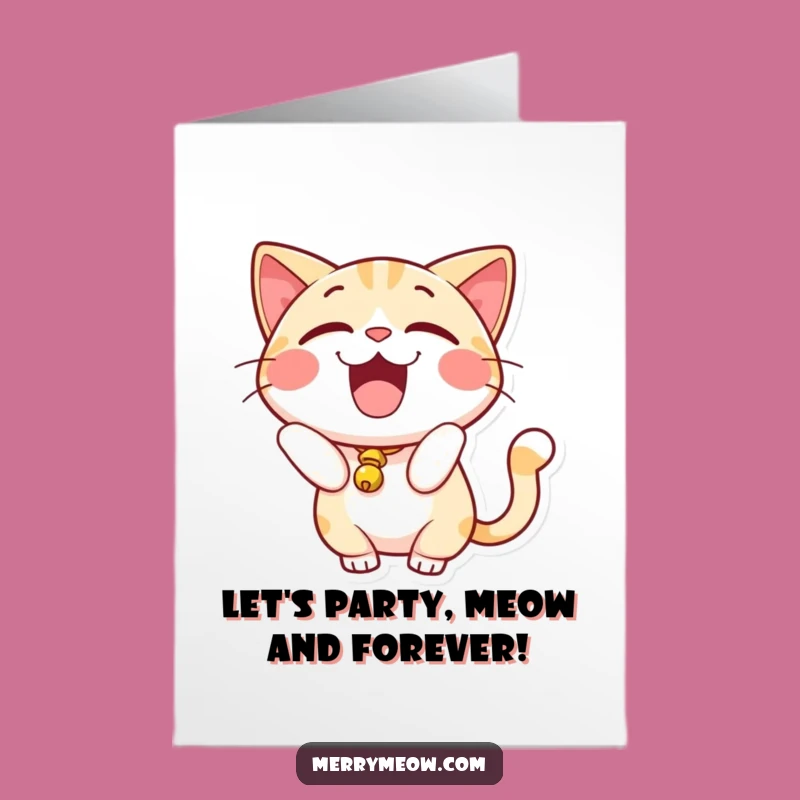 Free Printable Birthday Card: Excited Cat with Bell Tail, Fun Downloadable Gift!