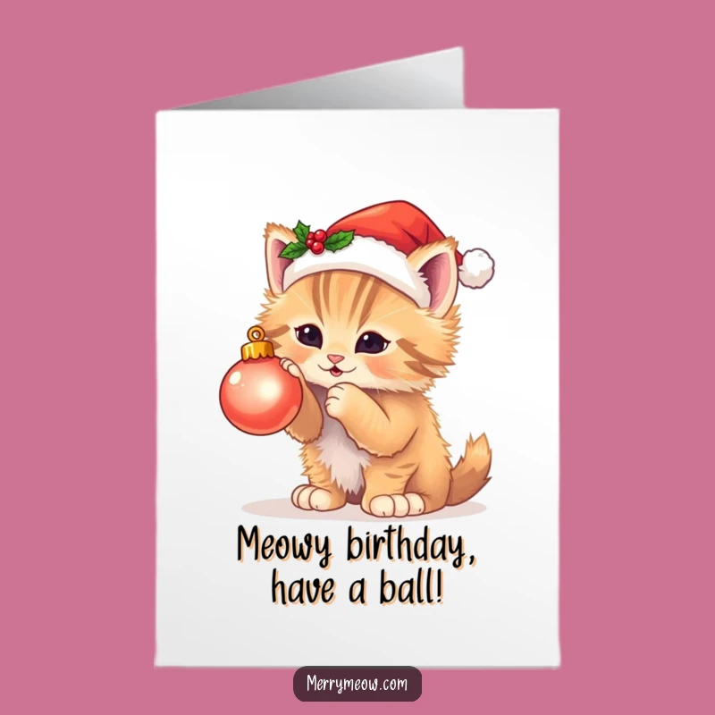 Free Printable Birthday Card: Kitten Santa Hat Ornament Funny Gift
