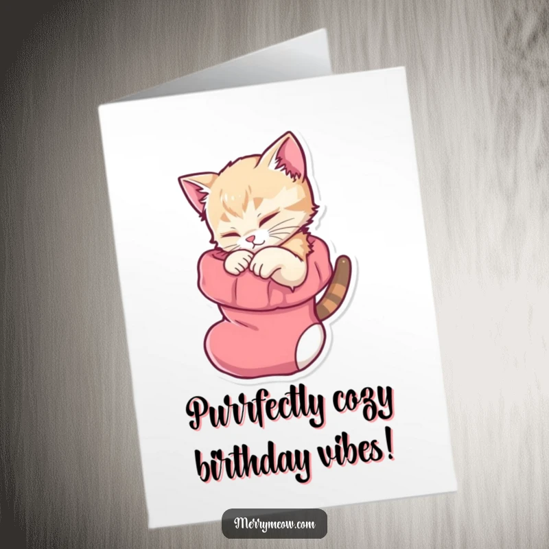 Cute Free Printable Birthday Card: A tiny kitten peacefully curled up inside a festive stocking, gently purring.