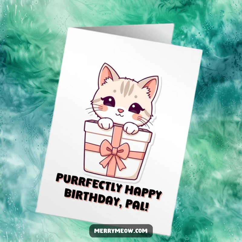 Funny Free Printable Birthday Card: Adorable cat character peeking out of a gift box with a ribbon, ready for birthday fun.