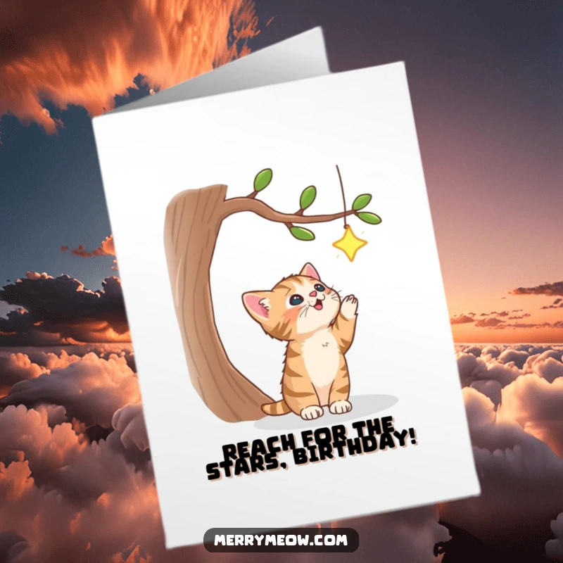 Funny Free Printable Birthday Card: Tabby kitten leaping for a sparkling star, full of playful energy.