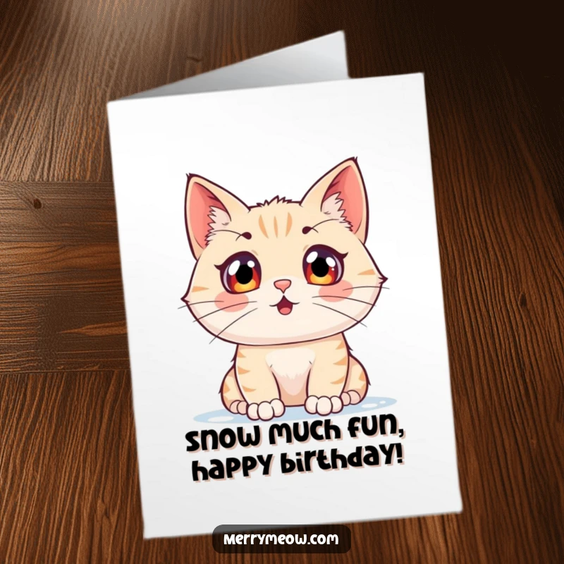 Funny Free Printable Birthday Card: A wide-eyed cat staring in awe and excitement at gently falling snow.