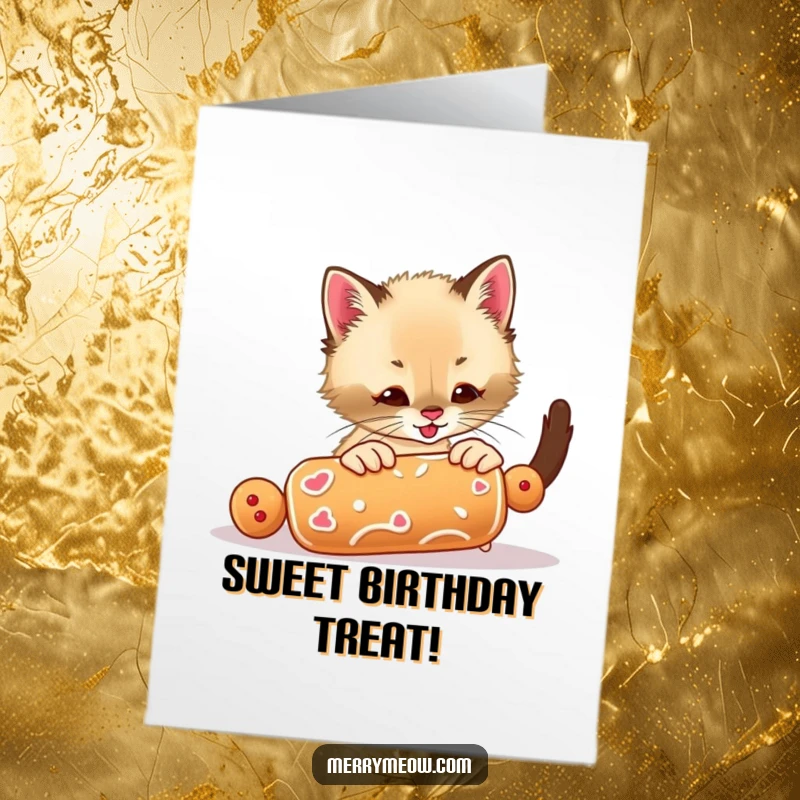 Funny Free Printable Birthday Card: Siamese kitten joyfully chasing a rolling gingerbread cookie around.