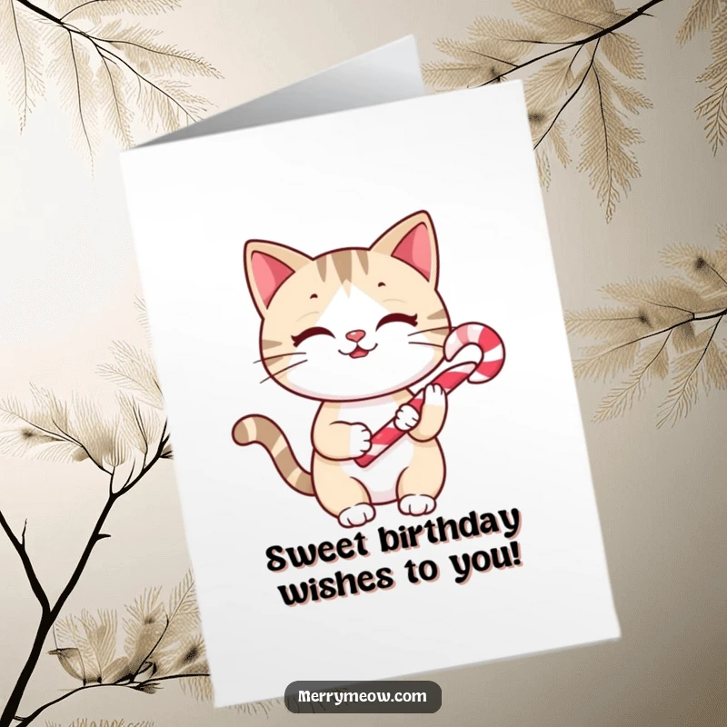 Funny Free Printable Birthday Card: Cheery cat holding a tiny candy cane, spreading birthday cheer and sweet wishes.