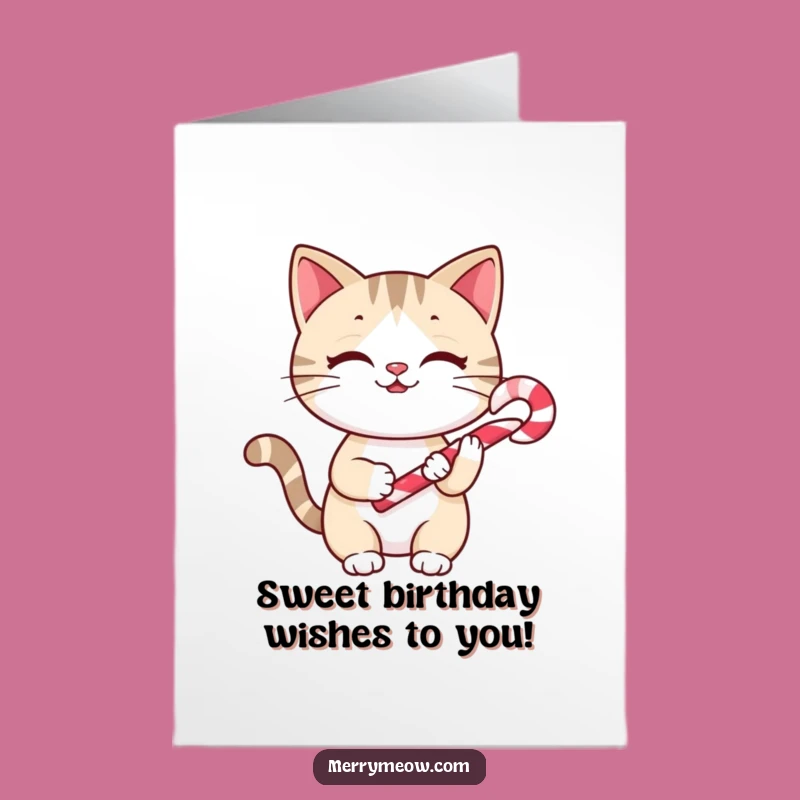 Free Printable Birthday Card: Cheery Cat with Candy Cane, Sweet Downloadable Gift!