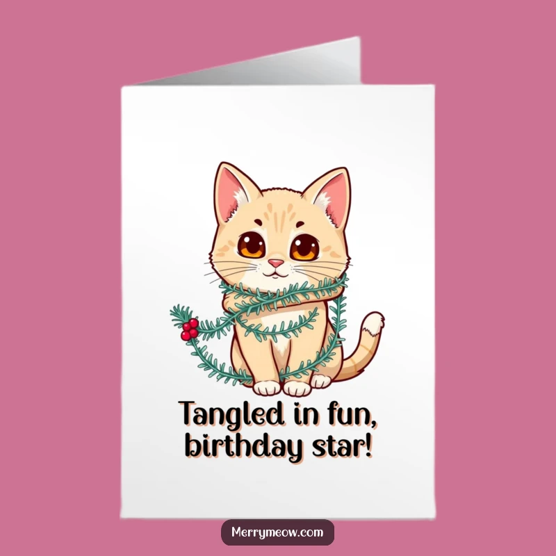 Free Printable Birthday Card: Tinsel Cat - Funny Festive Downloadable Gift