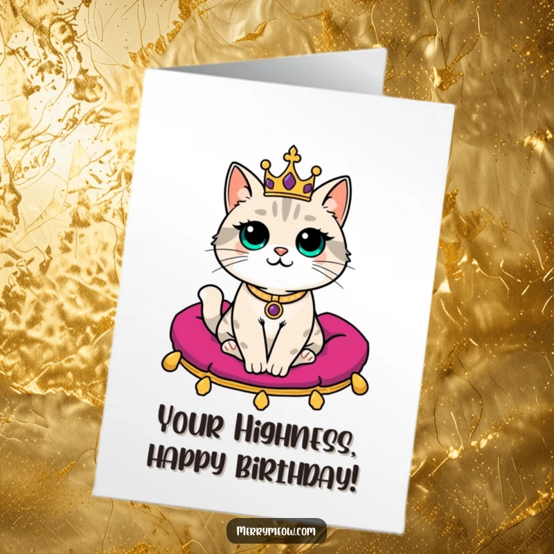 Funny Free Printable Birthday Card: Regal cat with tiny crown sits on velvet cushion, exuding funny, royal charm.