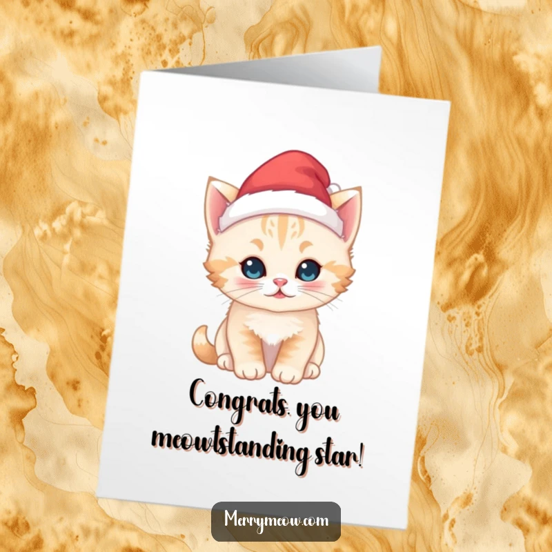 Cute free printable congratulations card: a kawaii kitten wearing a small Santa hat, ready to celebrate.