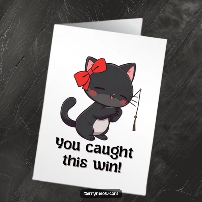Funny Free Printable Congratulations Card: Black cat with red ribbon batting at string, congratulating with playful energy.