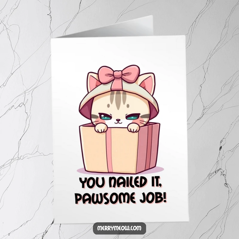 Funny free printable congratulations card featuring a cat peeking from a gift box, symbolizing a wonderful and unexpected success.