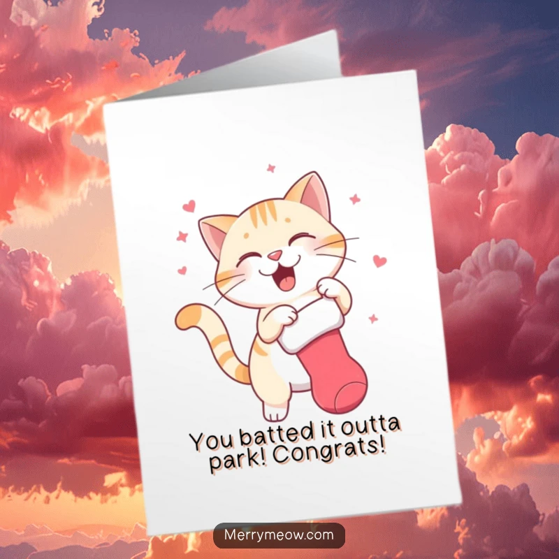 Funny Free Printable Congratulations Card: Cat playfully batting at a hanging Christmas stocking, humorous and festive.