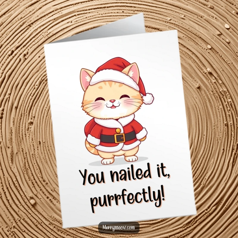Funny free printable congratulations card, a kawaii cat dressed as Santa with a cheeky grin, perfect for festive wishes.