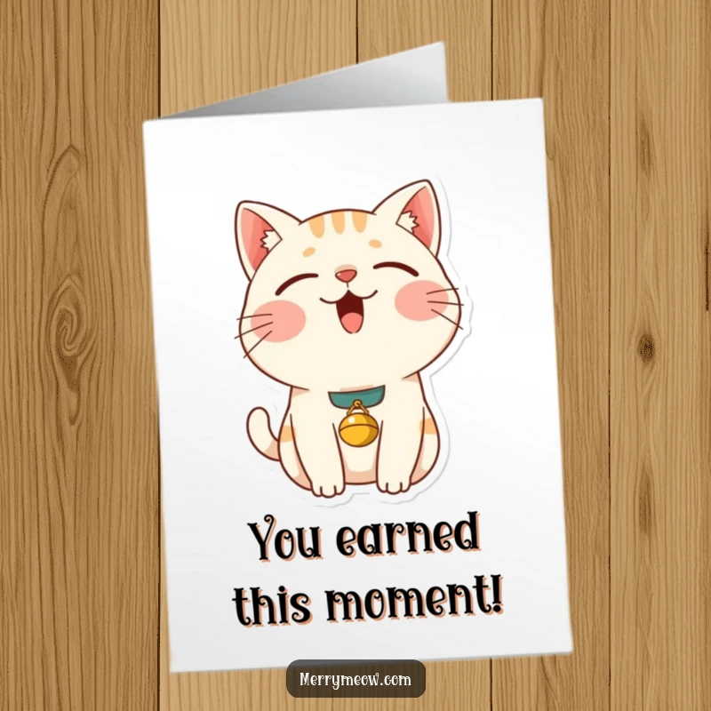 Funny Free Printable Congratulations Card: a content cat purring happily with eyes shut, wearing a small bell.