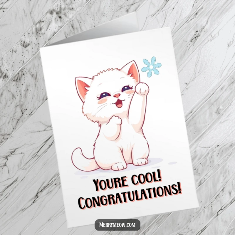 Funny Free Printable Congratulations Card: A delighted white kitten playfully bats at a delicate falling snowflake.
