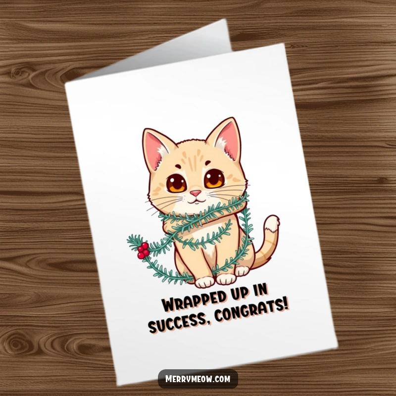 Funny Free Printable Congrats Card: A cat adorably ensnared in shiny festive tinsel, ready to congratulate.
