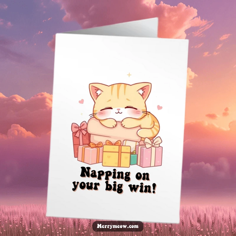 Funny Free Printable Congrats Card: A cat blissfully napping atop a stack of colorful presents, celebrating achievement.