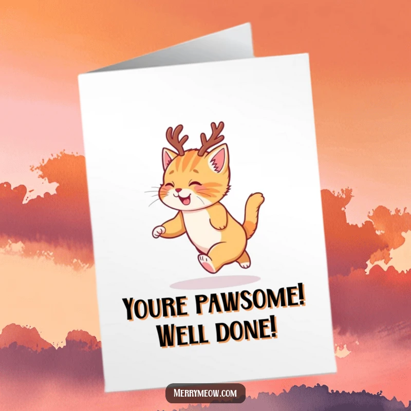 Funny Free Printable Congratulations Card: A ginger kitten sporting tiny reindeer antlers hilariously chases its tail in glee.