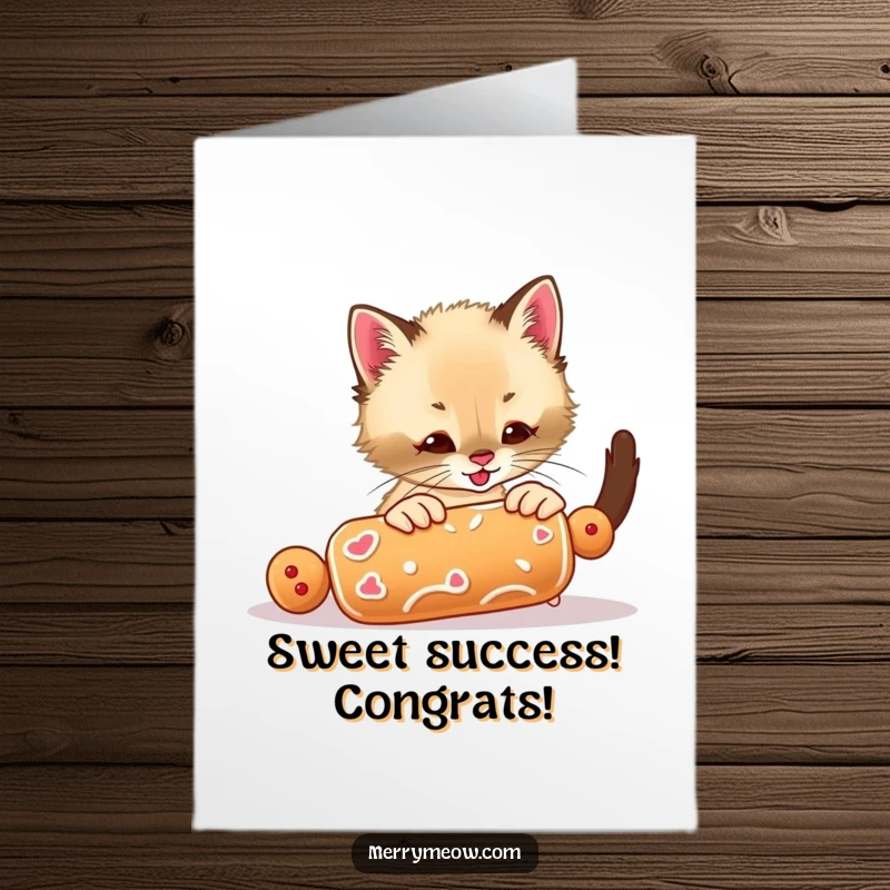 Funny Free Printable Congratulations Card: A focused Siamese kitten intensely pursuing a rolling gingerbread cookie.