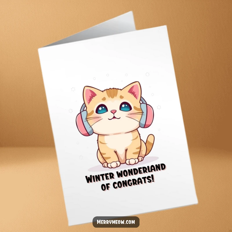 Funny Free Printable Congratulations Card: Cat with earmuffs enjoying falling snowflakes, looking joyful. Ideal for congrats.
