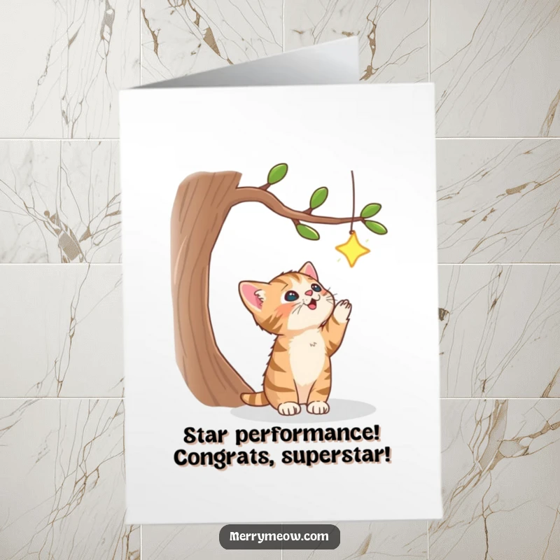 Funny Free Printable Congratulations Card: Energetic tabby kitten reaching for a distant, shimmering star.