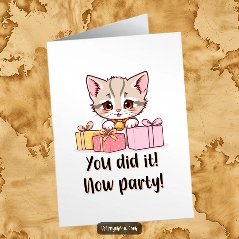 Funny Free Printable Congratulations Card: A mischievous kitten with a bell collar peeks from behind piled presents, celebrating your win.