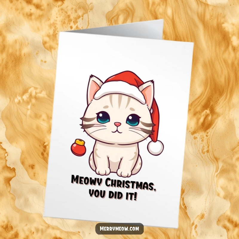 Funny Free Printable Kawaii Cat Congratulations Card, a sweet cat sporting a Santa hat and jingle bells.