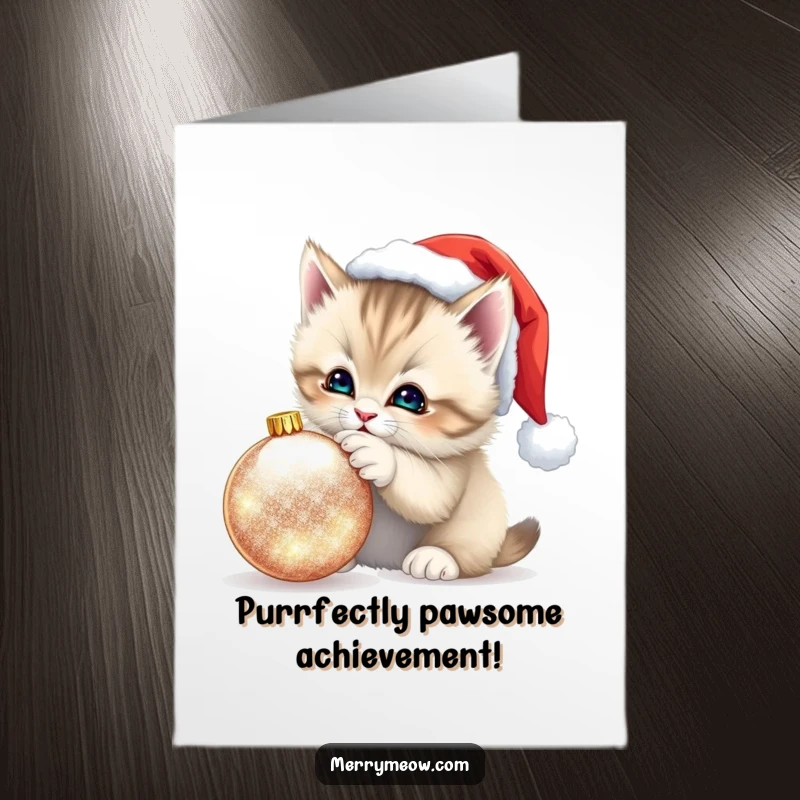 Free printable congratulations card: A fluffy kitten in a Santa hat plays with a shimmering ornament, celebrating success with holiday charm.